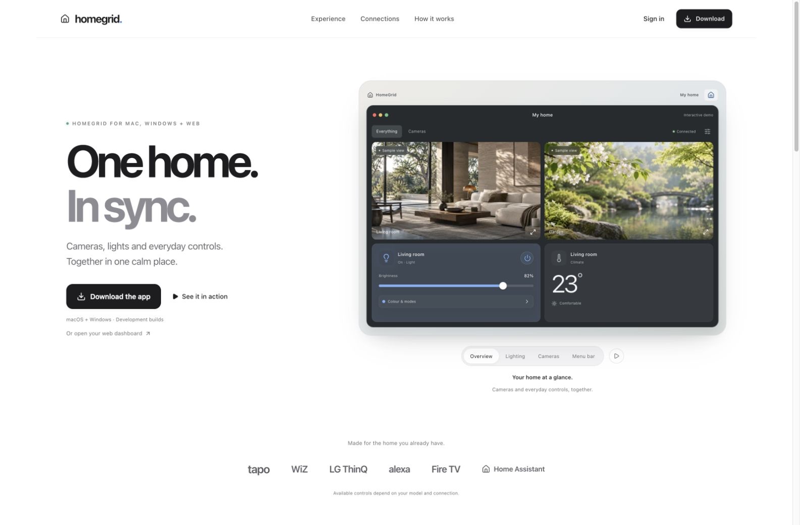 HomeGrid workspace with illustrative camera views and lighting controls