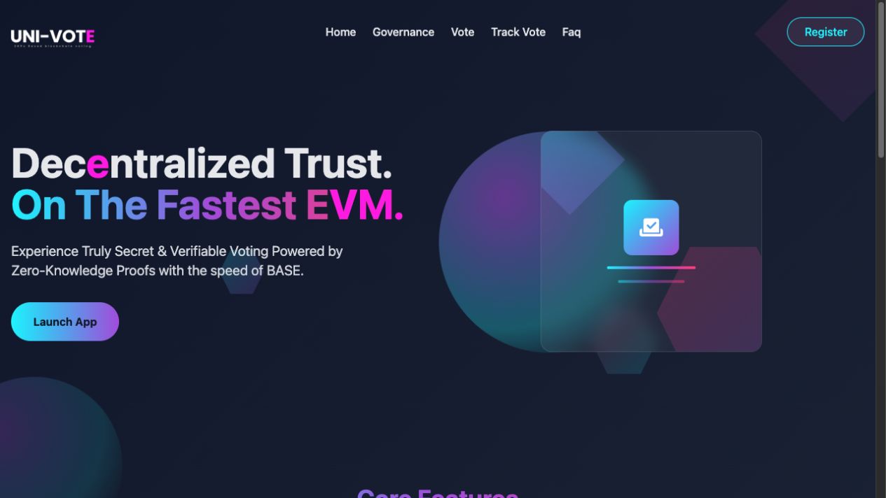 Univote’s dark interface with decentralised voting message